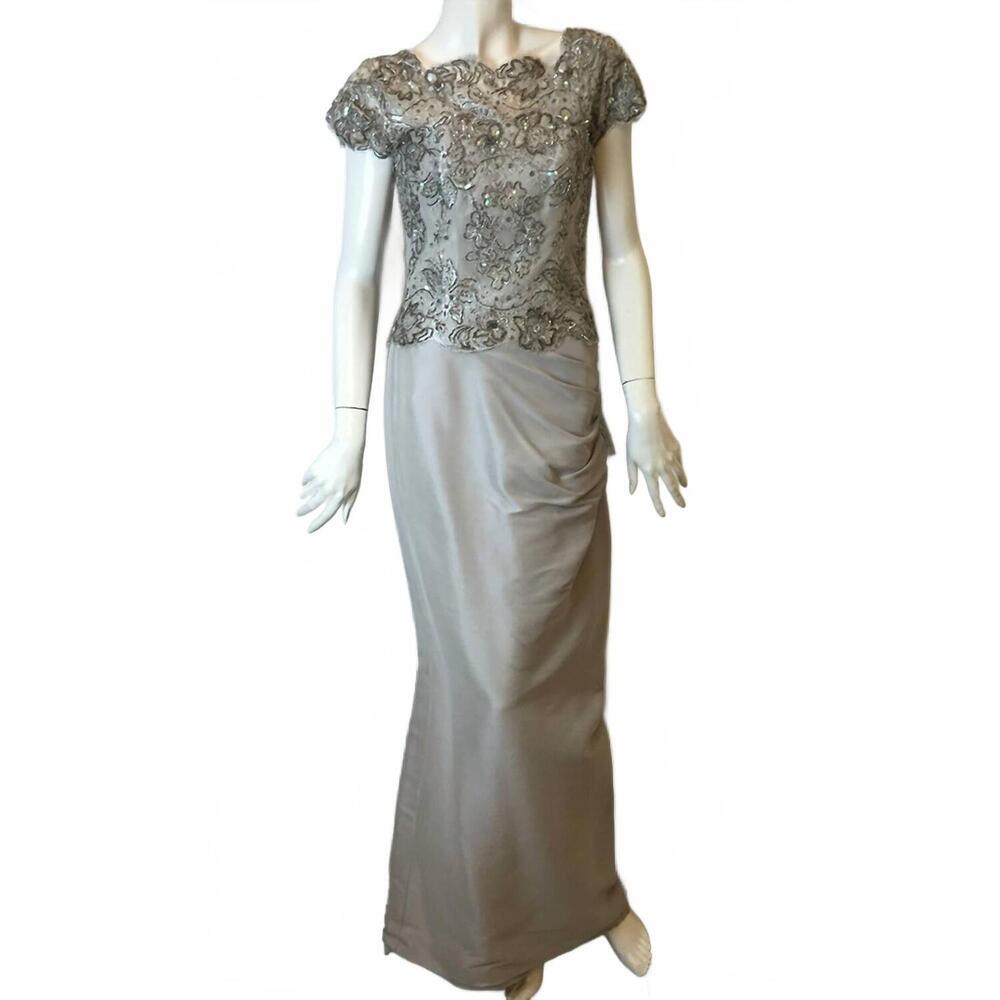 NEW ISABELLE ALLARD women's embroidered beaded lace taffeta dress in light grey